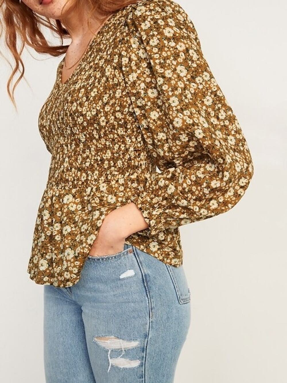 Smocked Floral Peplum Blouse Mustard Brown Size Large by Old Navy